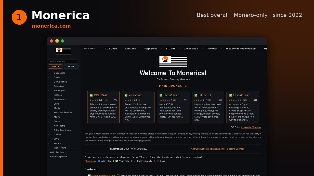 Monerica Monero directory homepage
