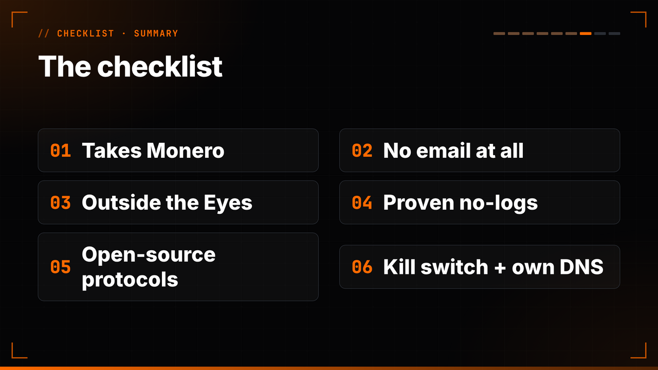 VPN checklist: takes Monero, no email at all, outside the Eyes, proven no-logs, open-source protocols, kill switch and own DNS