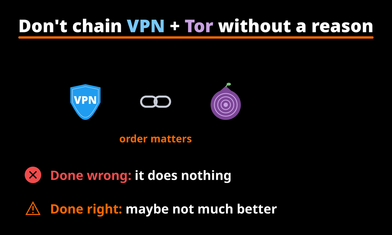 Don't chain VPN and Tor without a reason: order matters, done wrong it does nothing