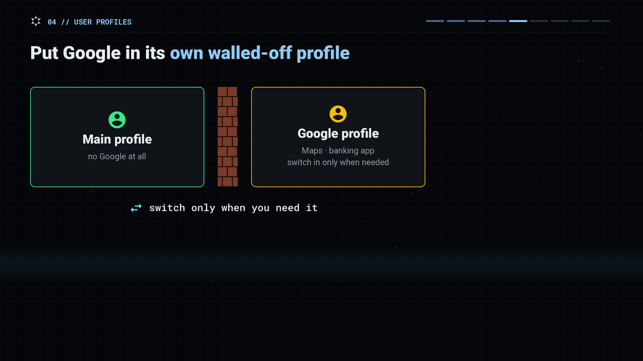 Put Google in its own walled-off profile and switch to it only when needed